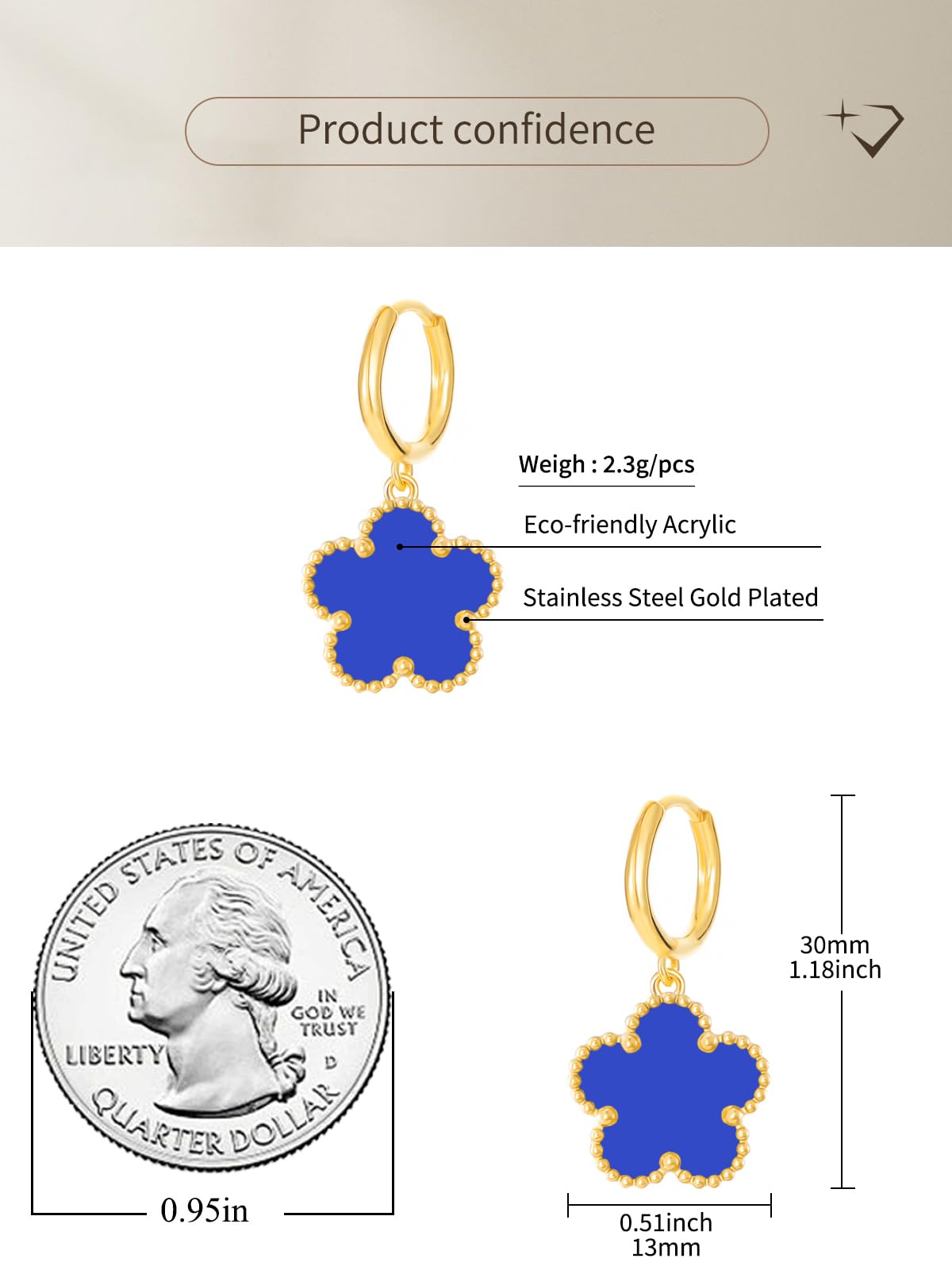Gold Plated Five Leaf Clover Dangle Earrings for Women Lucky Flower Jewelry (Royal Blue-14K Gold Plated)