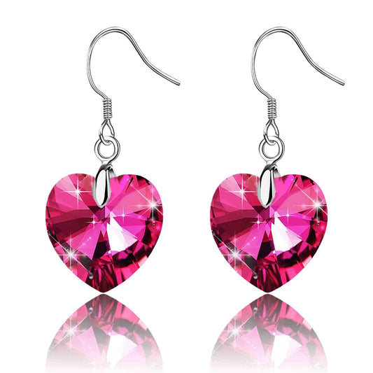 Austrian Crystal Heart Drop Dangle Earrings for Women 925 Sterling Silver Hook Hypoallergenic Earring (Rose Pink)