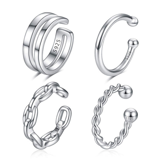 Ear Cuffs 925 Sterling Silver Non Piercing Ear Conch Clip on Cartilage Earrings for Women | 4 Various Styles