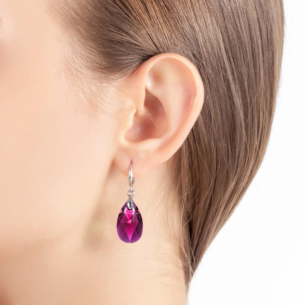Austrian Crystal Teardrop Dangle Hook Earrings for Women 14K Gold Plated Hypoallergenic Jewelry (Fuchsia)