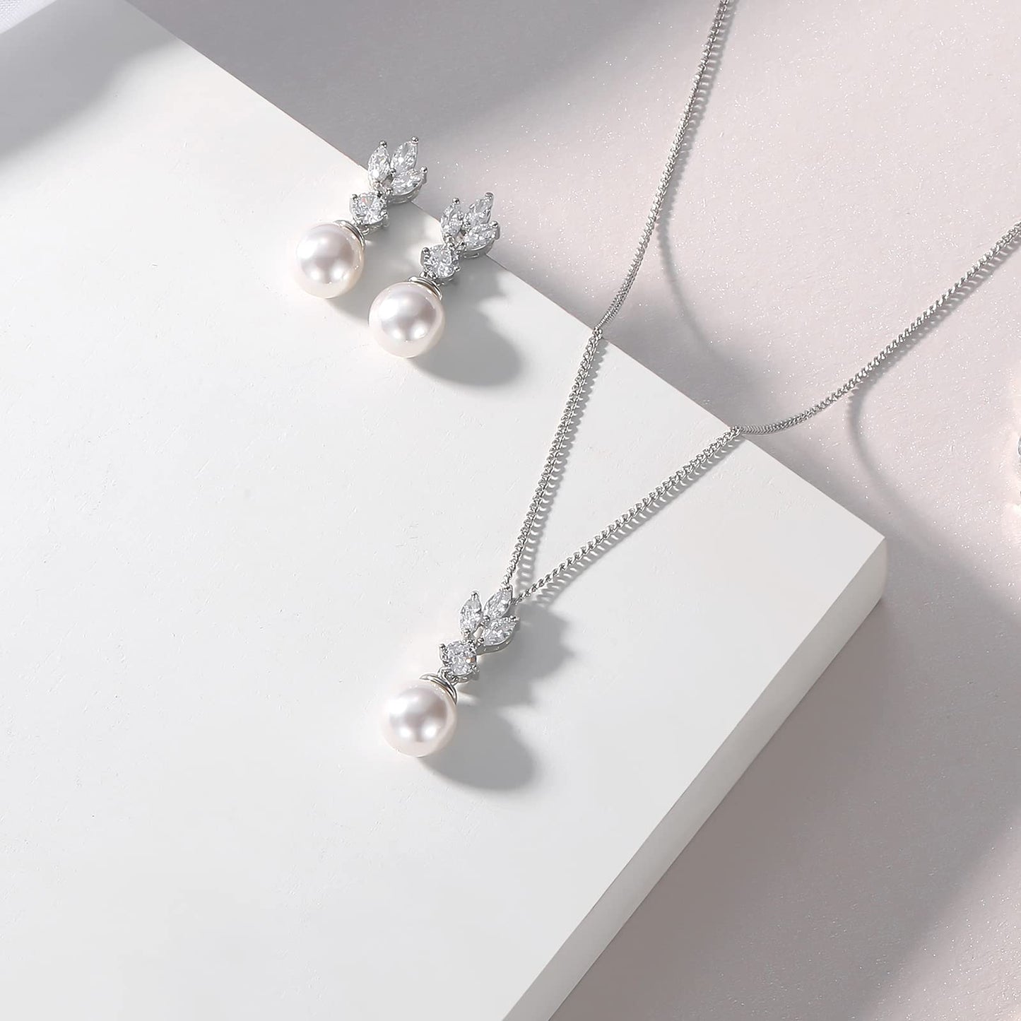 IDASANY Wedding Jewelry for Bride Bridesmaid, Pearl Dangle Earrings and Pendant Necklace Set Bridal Jewelry for Promise Wedding Party, Pack of 2