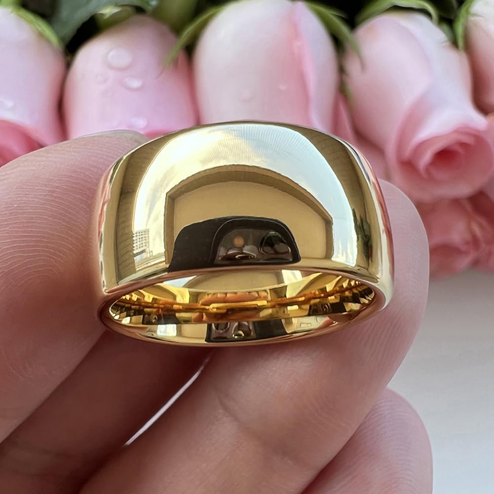 TUTISS 10mm Gold Tungsten Rings for Men Women Engagement Wedding Bands Domed Polished Comfort Fit Size 9