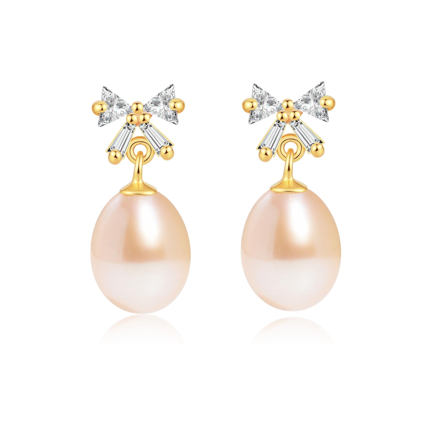Pearl Drop Earrings for Women, Gold Plated & 925 Sterling Silver, Pink & White Dangle Earrings, Dainty Cute Elegant Bridal Wedding Gift for Her | Christmas Gift for Women (Gold Bow Pink Pearl)
