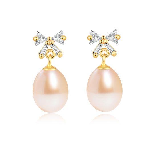 Pearl Drop Earrings for Women, Gold Plated & 925 Sterling Silver, Pink & White Dangle Earrings, Dainty Cute Elegant Bridal Wedding Gift for Her | Christmas Gift for Women (Gold Bow Pink Pearl)
