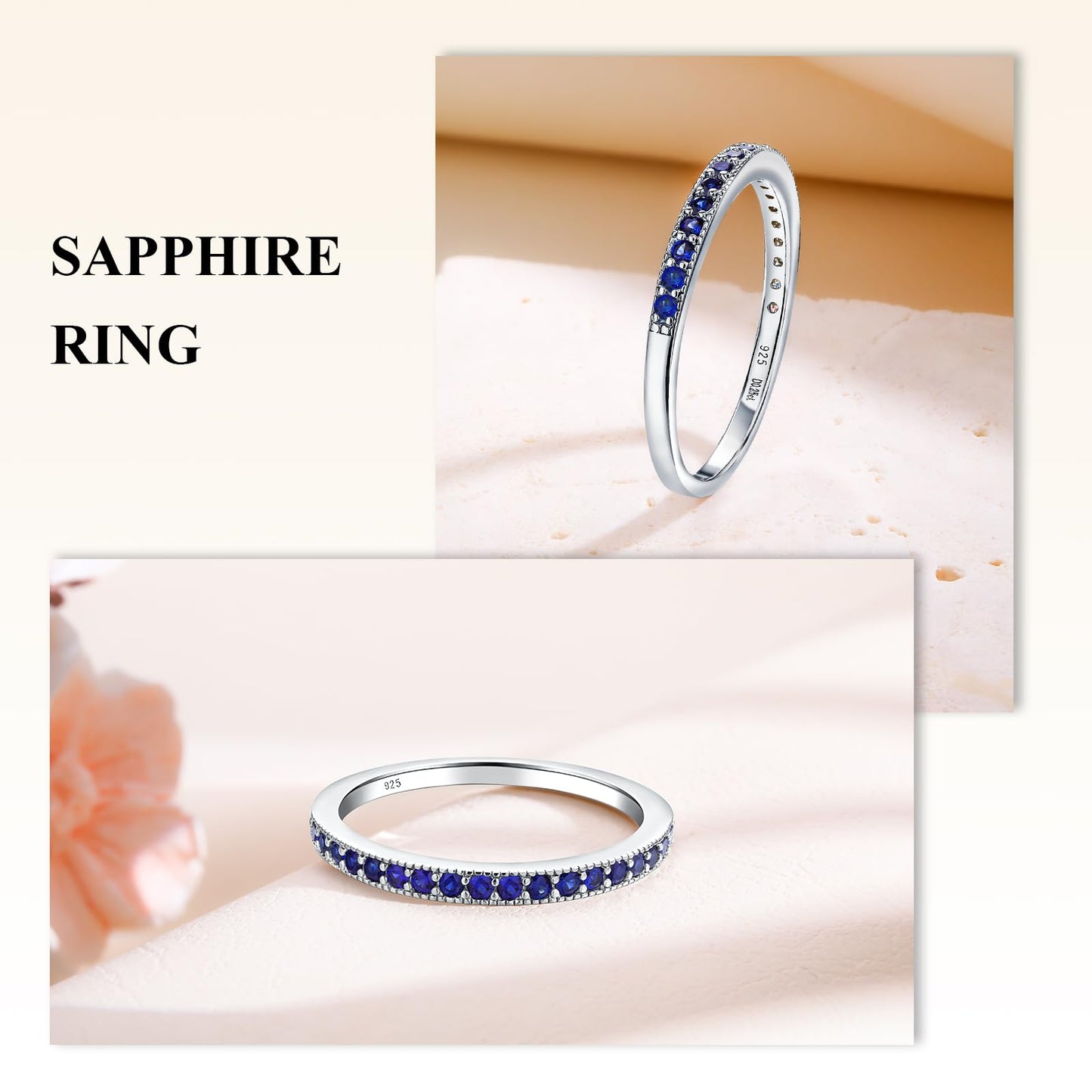 AGRULE Sapphire Eternity Band Stackable Wedding Rings for Men Women Sterling Silver Polished Finish September Birthstone Rings Saphire Ring Size 8