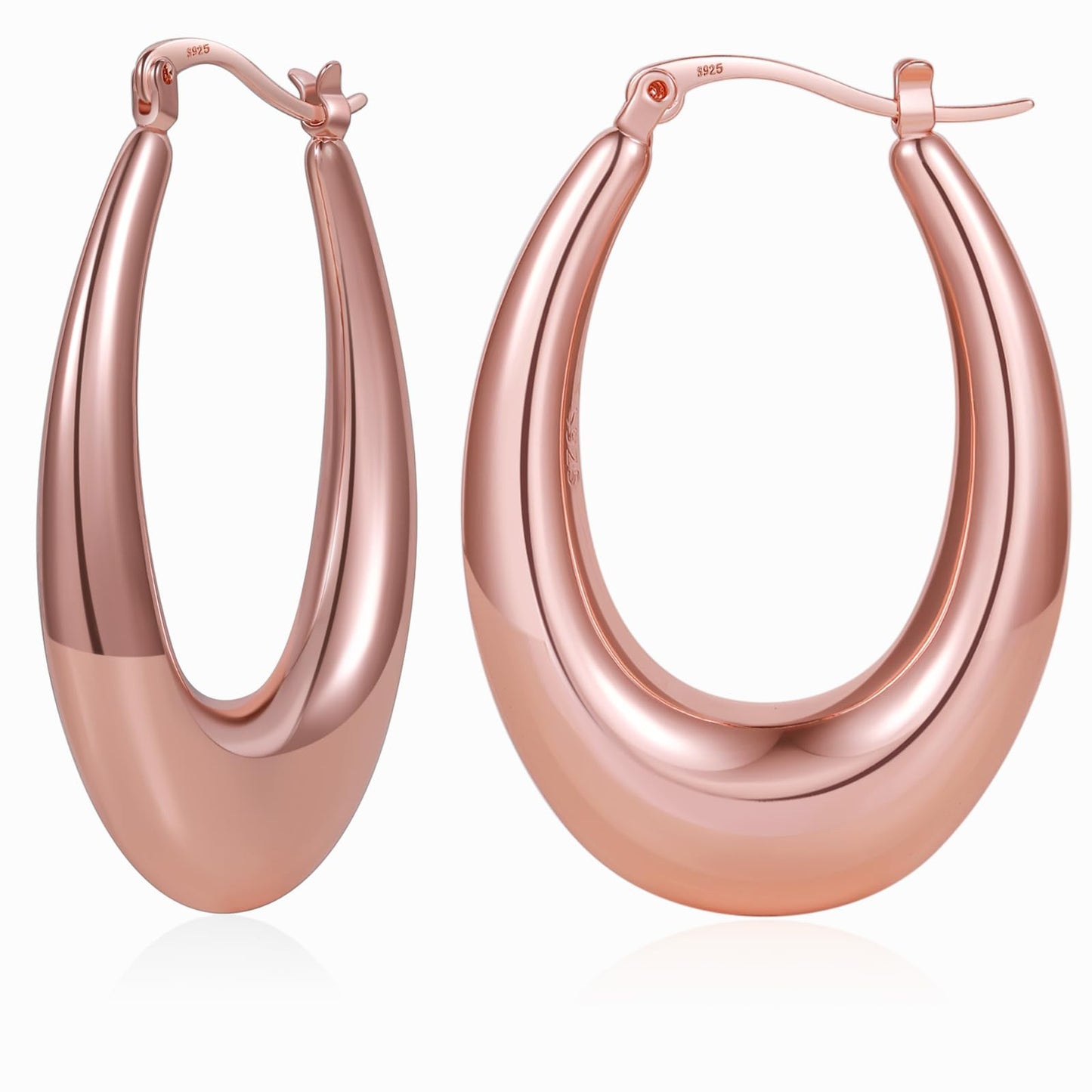 PABBEU Chunky Rose Gold Hoop Earrings for Women, Lightweight 14k Golden Plated Hoops Earrings, Hypoallergenic 925 Oval Rose Golds Hoops Earrings, Thick Gold Hoop Earrings for Women Gifts (38mm)