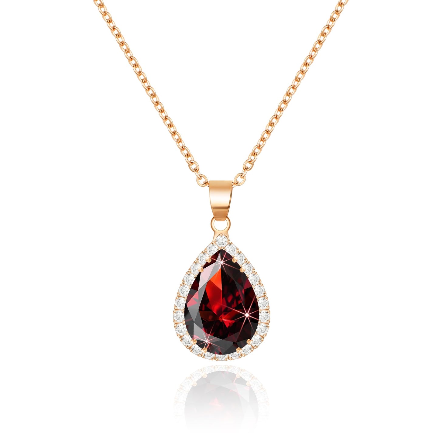 Linawe Ruby Rose Gold Chain Necklace for Women Trendy, Red Crystal Pendant Imitation Diamond Necklace, Boho Costume Jewelry Cubic Zirconia Birthstone Rhinestone Set