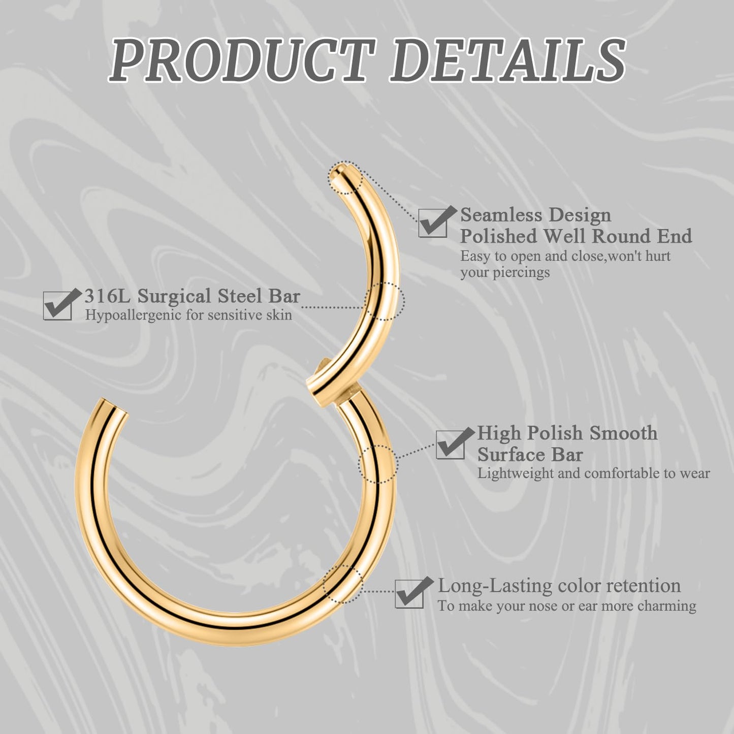 Septum Ring 8mm Septum Jewelry Seamless Septum Clicker Gold Nose Rings 18 Gauge Nose Ring Hoop 18g Cartilage Earring Lip Rings Nose Hoop Surgical Steel Helix Earrings Nose Piercing Jewelry