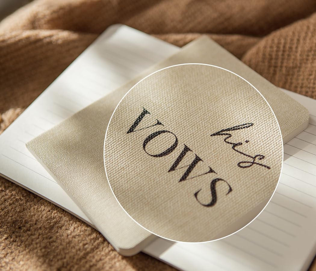 Slim Vow Books (Set of 2 - Design 1) - Soft Cream Canvas Linen Textured Cover Wedding Vow Booklets, Ceremony Speech Promise Notebook Journal, Gift for Newly Engaged Couple, 48 Lined Pages, 5.75" x 4"
