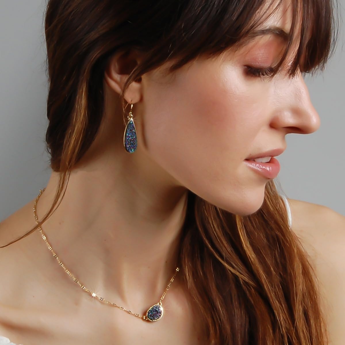 Simulated Druzy Drop Dangles - Sparkly Long Teardrop Dangly Earrings for Women, Gold Tone - Black Created Opal