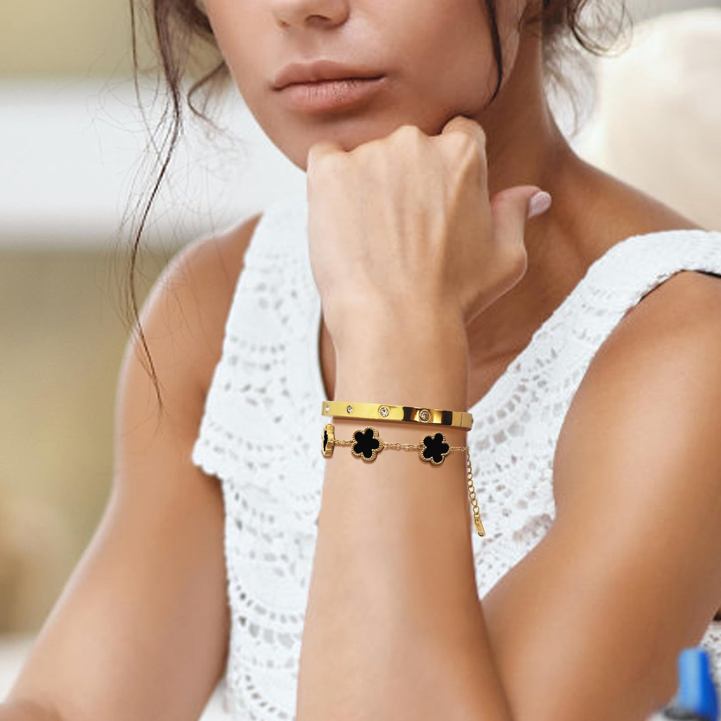 KARCCI Lucky Clover Bracelet and Friendship Love Bangle Bracelets Set for Women Girlfriend Cubic Zirconia Bracelet Set, Christmas Valentines Wedding Birthday Gifts