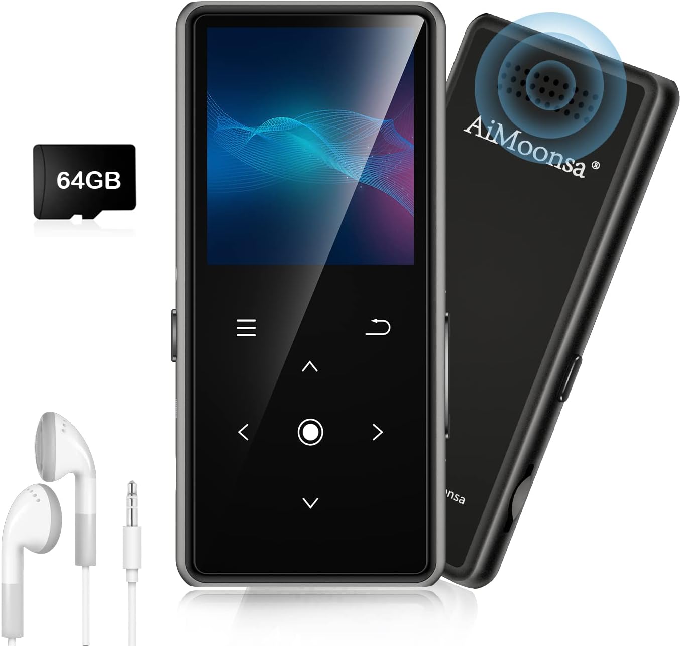 AiMoonsa 64GB MP3 5.2, Player with Bluetooth Music Player with Built-in HD Speaker, FM Radio, Voice Recorder, HiFi