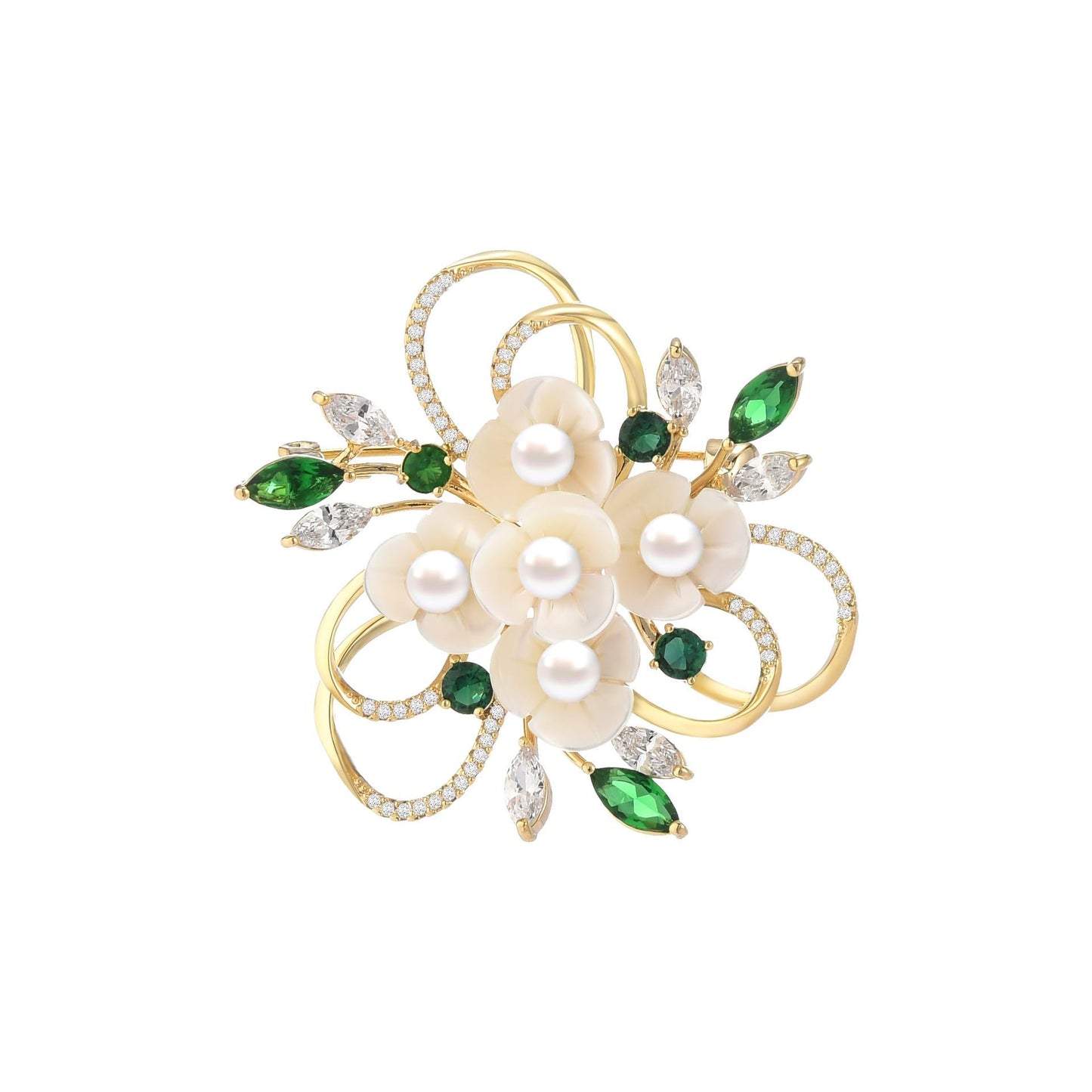 EMEGCY Pearl Flower Brooch for Women Mother's Day White Shell Flower Brooch Pin Floral Lapel Pin Emerald Crystal Leaf Jewelry Gifts for Wife Mom Bithday Wedding