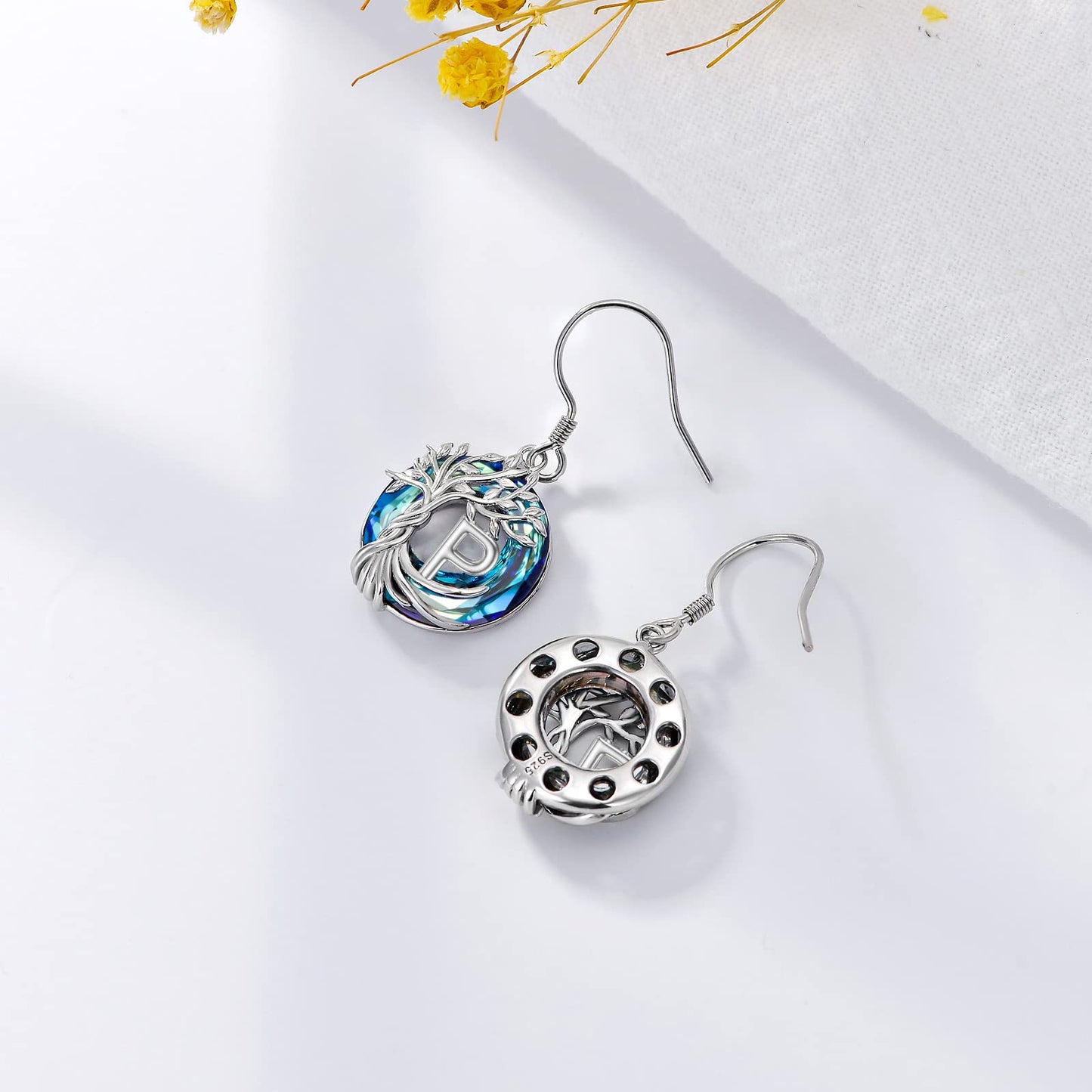 TOUPOP Tree of Life Initial Earrings Sterling Silver Initial P Letter Drop Dangle Earrings Blue Circle Crystal Family Tree Jewelry Birthday Mothers Day Gifts for Women Mom Her