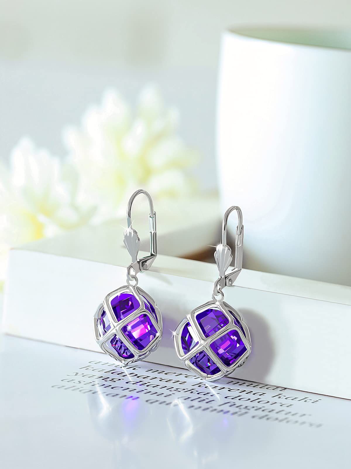 Big Dark Purple Crystal Dangle Earrings for Women (Feb-Amethyst-White Gold Plated)
