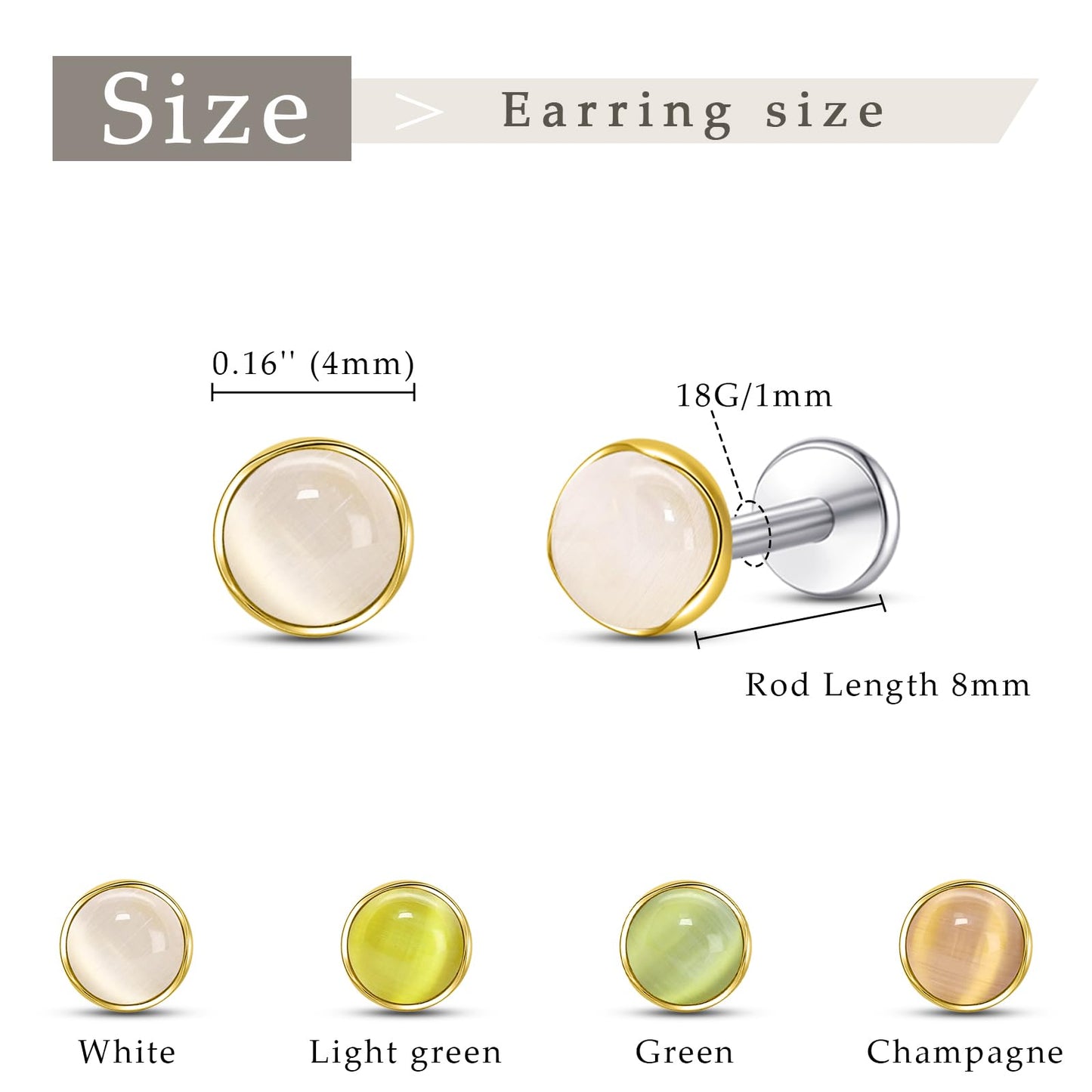 Limerencia Hypoallergenic Earrings for Sensitive Ears - 18G G23 Titanium Round Cat's Eye Push in Stud Earrings, Cartilage Stone Pierced Earrings for Women Men Gift,White 4mm