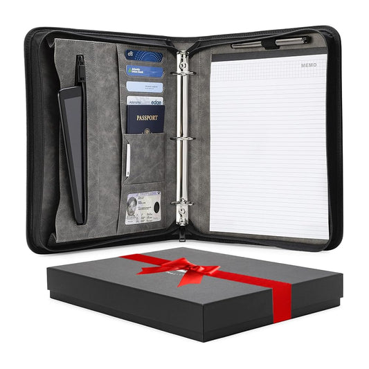 Forevermore Portfolios Portfolio Organizer - 1.5" 3 Ring Binder with Notepad - Zippered Storage Pouch for Papers, Travel Documents, Presentation Folder with Pockets for Card, Passport, Tickets - Gray