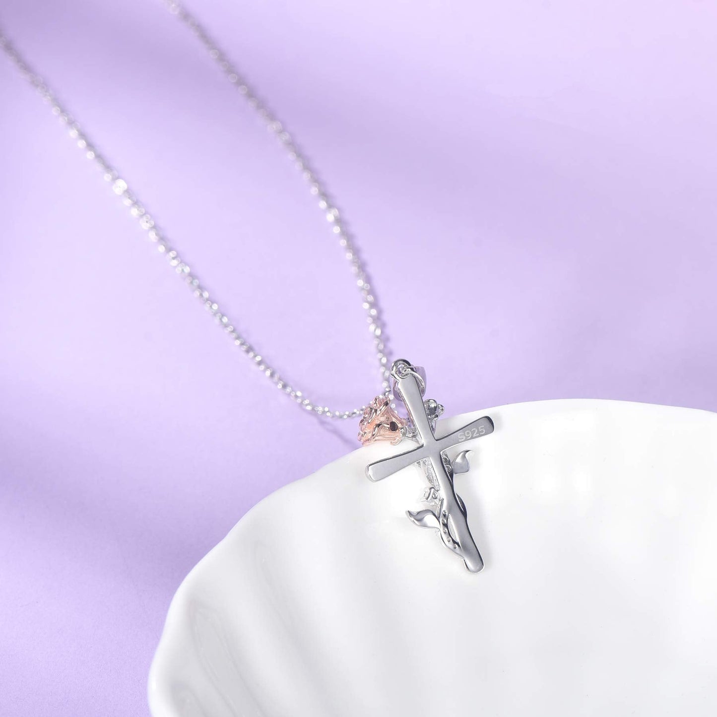 Distance Cross Necklace for Women 925 Sterling Silver Rose Pendant Jewelry Necklace for Mom Wife Gift for Mother's Day Birthday