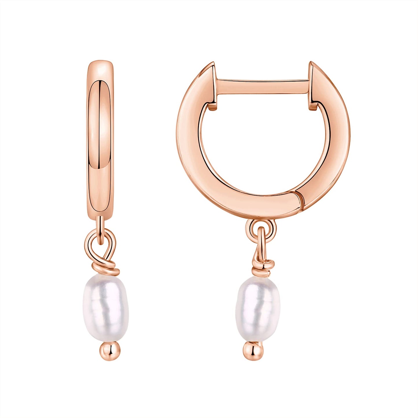PAVOI 14K Rose Gold Plated 925 Sterling Silver Post Classic Pearl Dangle Huggie Hoop Earrings For Women - Trendy Pearl Drop Hoop Earrings - Cubic Zirconia Small Hinged Huggies