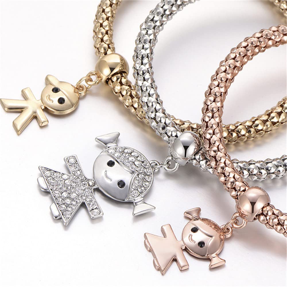 SILANER Crystal Charms Multilayer Bracelets - 3PCS Gold/Silver/Rose Gold Corn Chain Bracelet for Women, Tree of Life Heart Shaped Stretch Bracelet (Mom and Daughter)