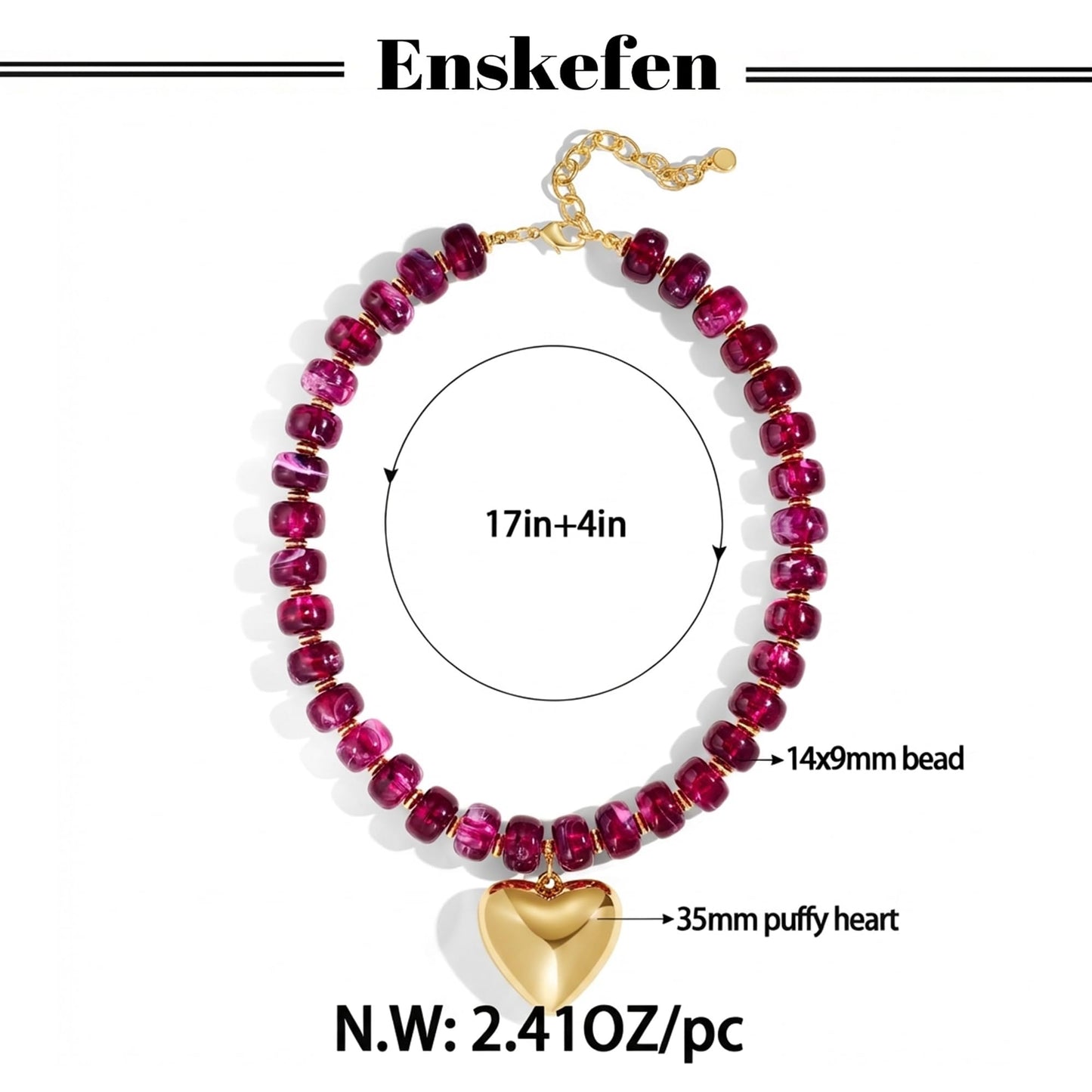 ENSKEFEN Chunky Heart Necklaces for Women Grape Purple Resin Beaded Choker Necklace Adjustable Chunky Statement Necklace Trendy Summer Beach Vacation Jewelry
