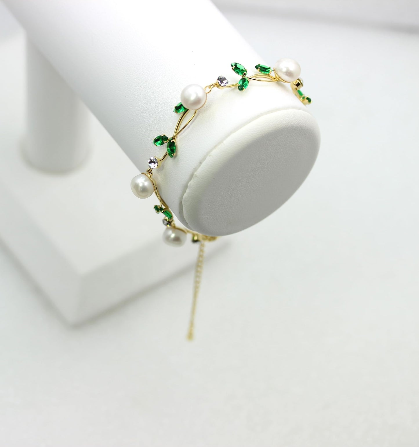 Faship Green CZ Crystal Genuine Freshwater Pearls Floral Bracelet 7.5" - 9.5" - Green/Gold Plated/Matching Bracelet