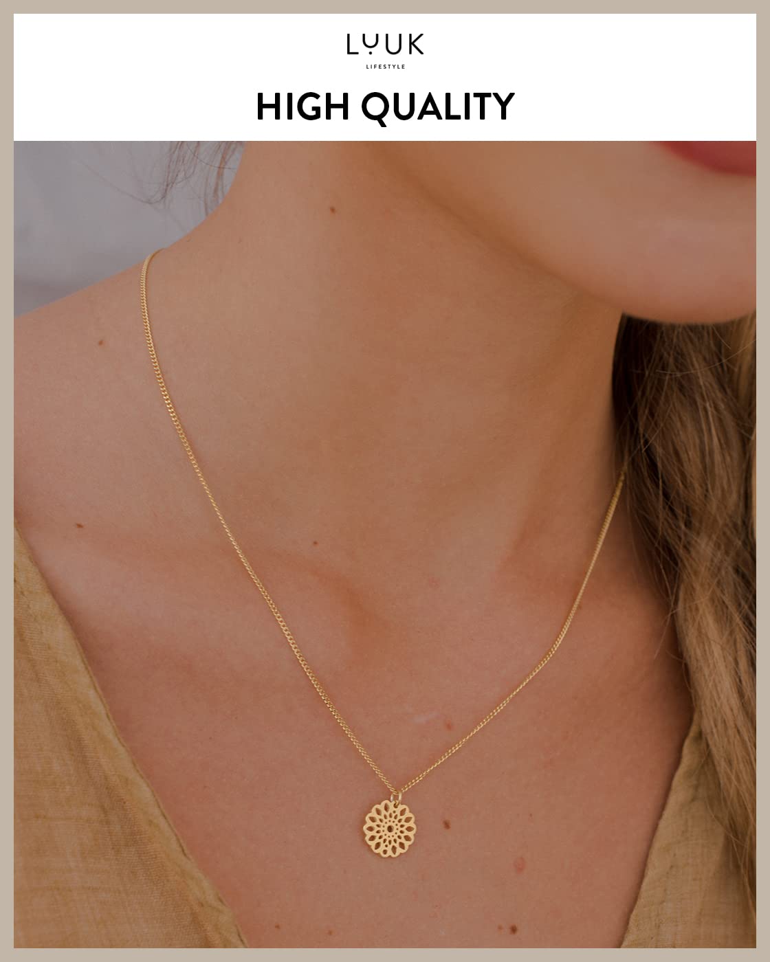 LUUK LIFESTYLE 925 sterling silver mandala pendant necklace with HAPPINESS gift card, trendy jewelry for women, adjustable length, fashionable gift for Valentine's Day, birthday, gold