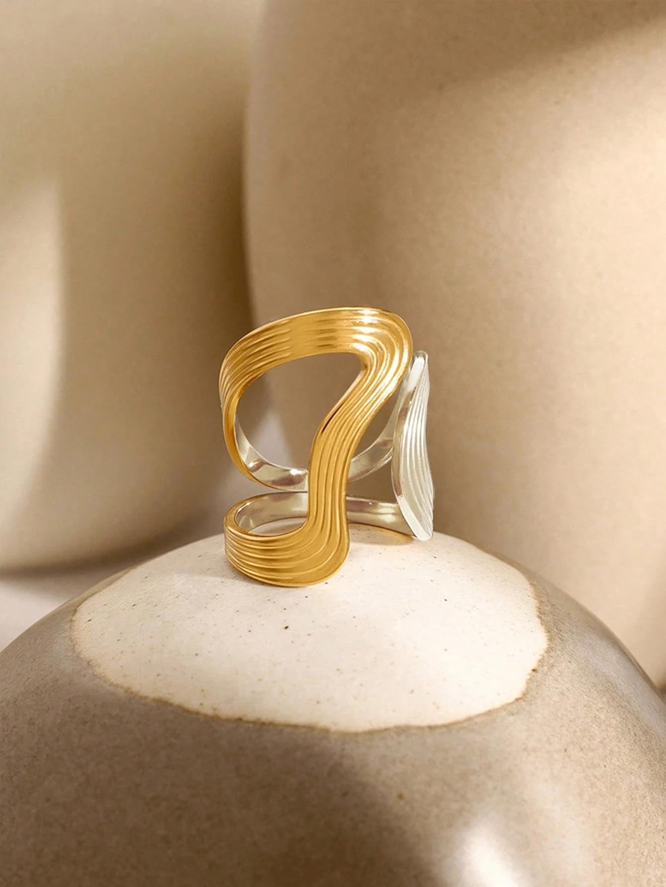 AIETUE Chunky Rings For Women, Gold Silver Thumb Ring Asymmetrical Wavy Curve Ring Adjustable Non Tarnish Dainty Stainless Steel New Year Anniversary Birthday Jewelry Gift (Trendy-G&S Mixed)