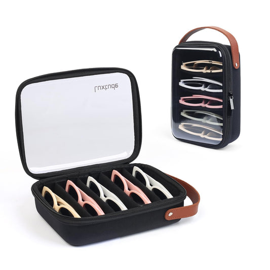 Luxtude Travel Sunglasses Organizer Case for Women Men, Glasses Case Multiple Pairs with Adjustable Slots, Hard Shell Sunglass Storage Cases, Clear Eyeglass Organizer for Multiple Glasses, Black