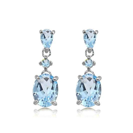 Sterling Silver Blue Topaz Oval Three Stone Drop Dangle Earrings for Women