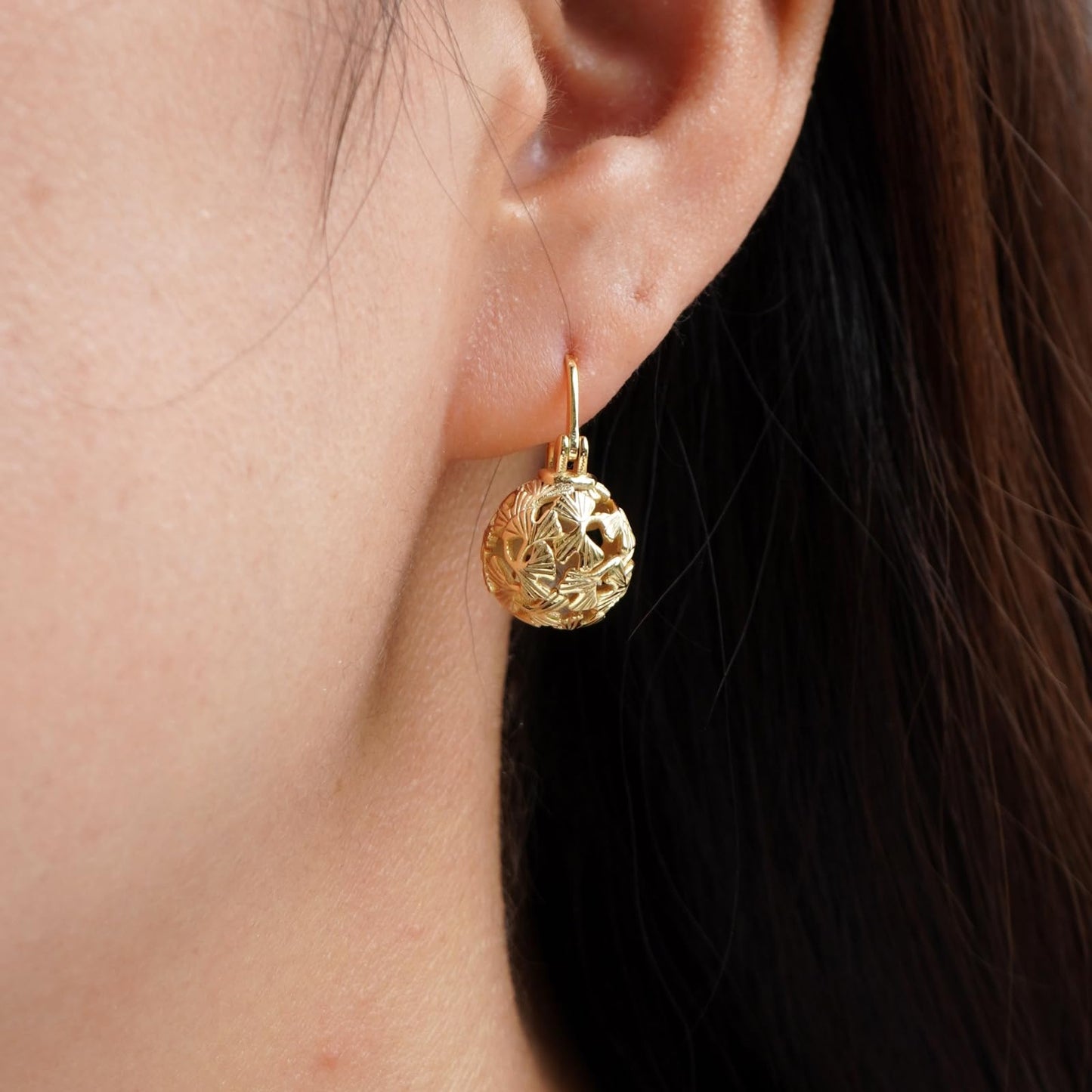 OwMell Elegant 925 Sterling Silver Pearl Drop Earrings Dangle Stud Gold Plated Earrings for Women Large Size 12mm - Hollowed Ginkgo Gold