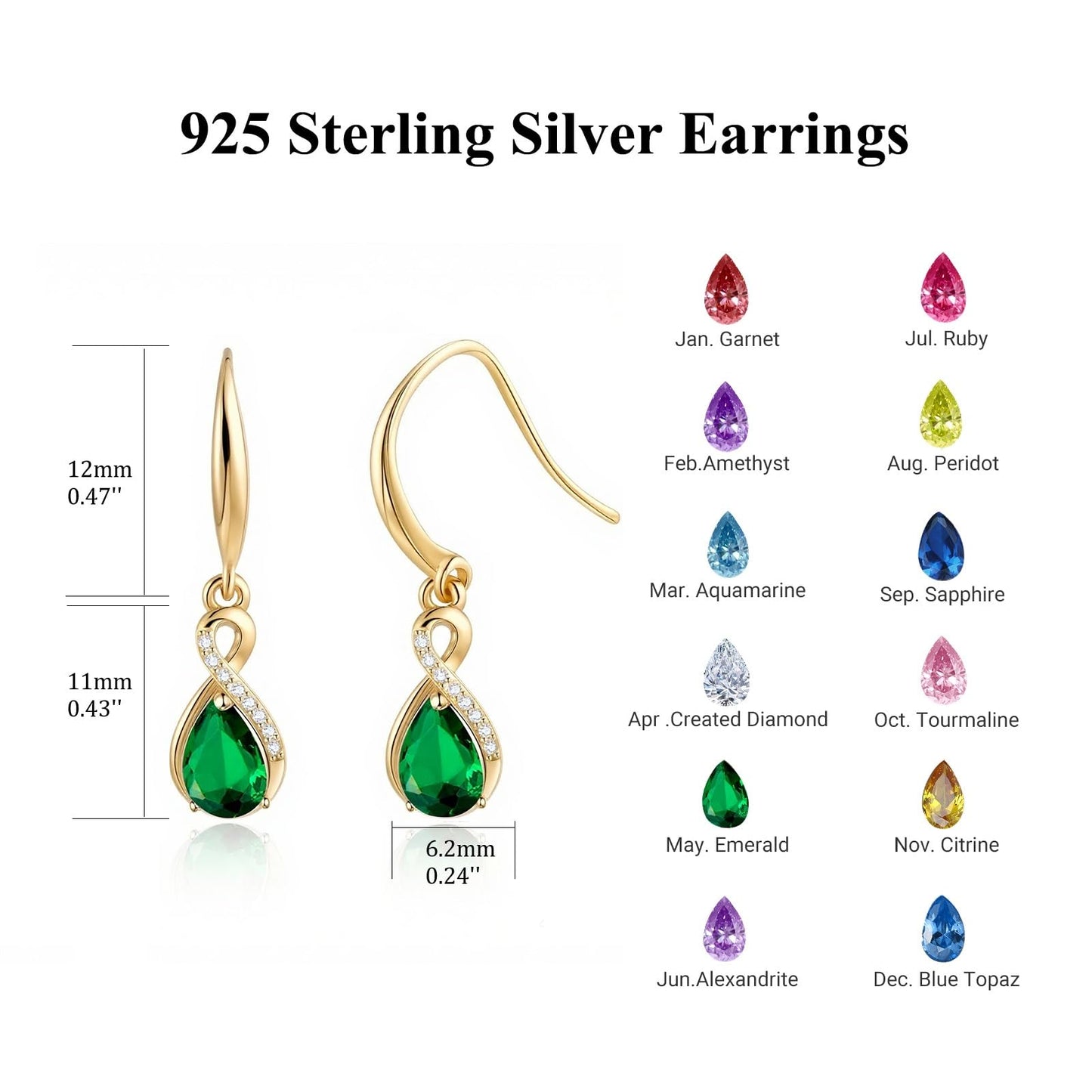 Infinity Birthstone Earrings 18K Gold Plated 925 Sterling Silver Teardrop Infinity Drop Dangle Earrings Emerald Jewelry Birthday Gifts for Women Her Mother Wife
