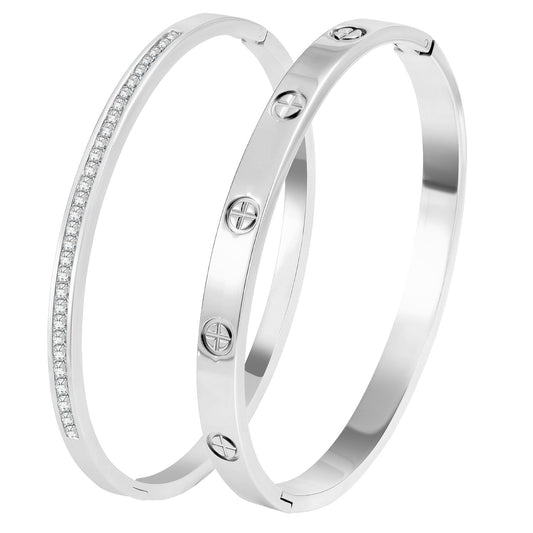 Camhanno Silver Bracelet Stack for Women - 2Pcs 18K Gold Plated Love Bangle Crystal Friendship Bracelet Jewelry,Mothers Day Valentines Birthday Christmas Jewelry Gifts for Mom Her Wife Grandma.