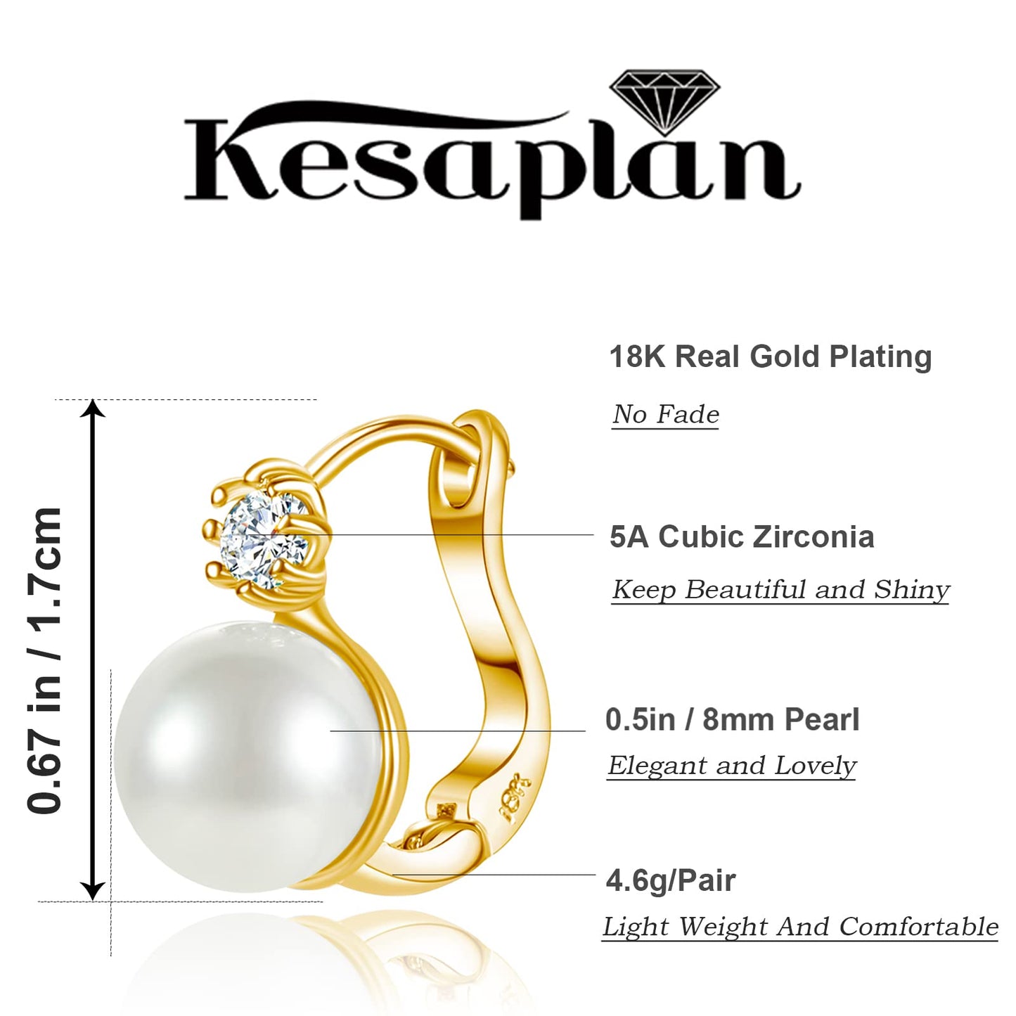 Pearl Earrings for Women 14K Gold Plated Hypoallergenic Pearl Earrings 5A Cubic Zirconia Dangle Earrings Elegant Jewelry (5-Gold)