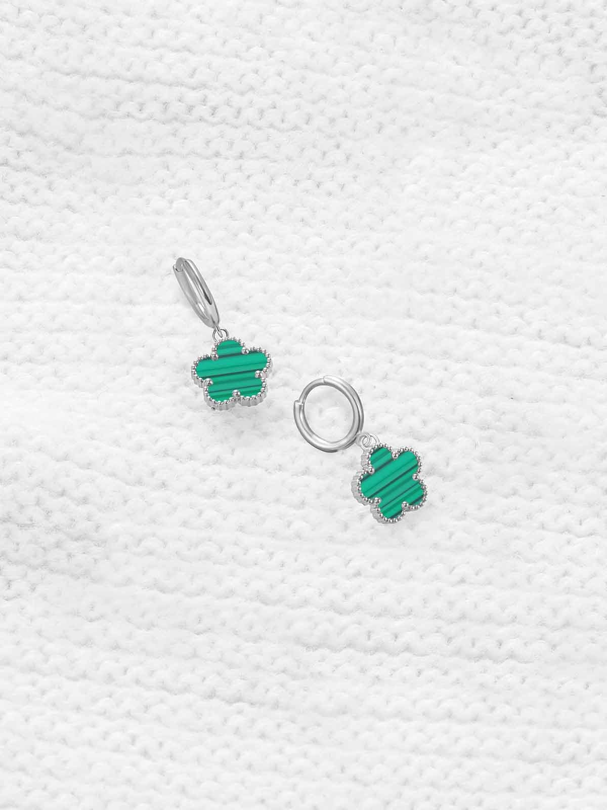Gold Plated Five Leaf Clover Dangle Earrings for Women Lucky Flower Jewelry (Green Stripe-White Gold Plated)