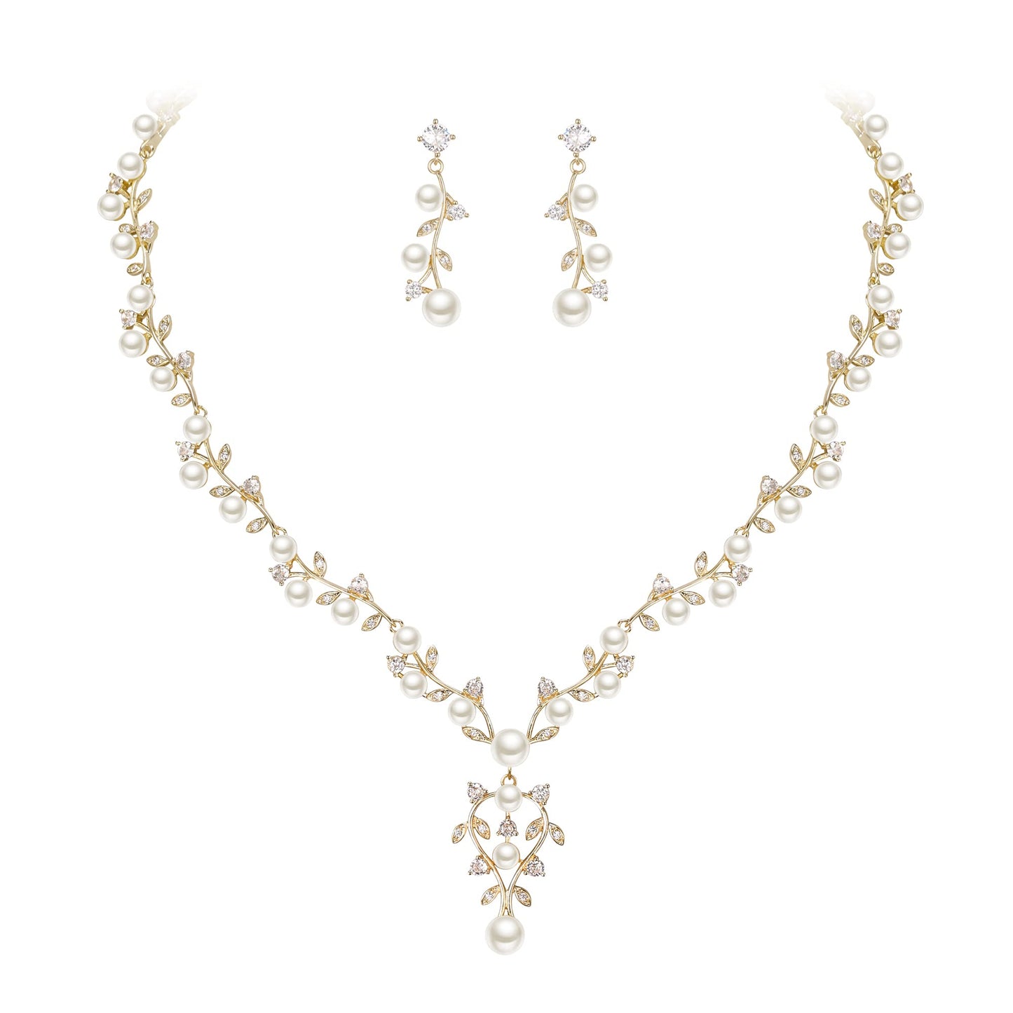 EVER FAITH Bridal Jewelry Sets for Women, White Cubic Zirconia Simulated Pearl Leaf Vine Wedding Bride Pendant Necklace Earrings Set Clear Gold-Plated-Brass