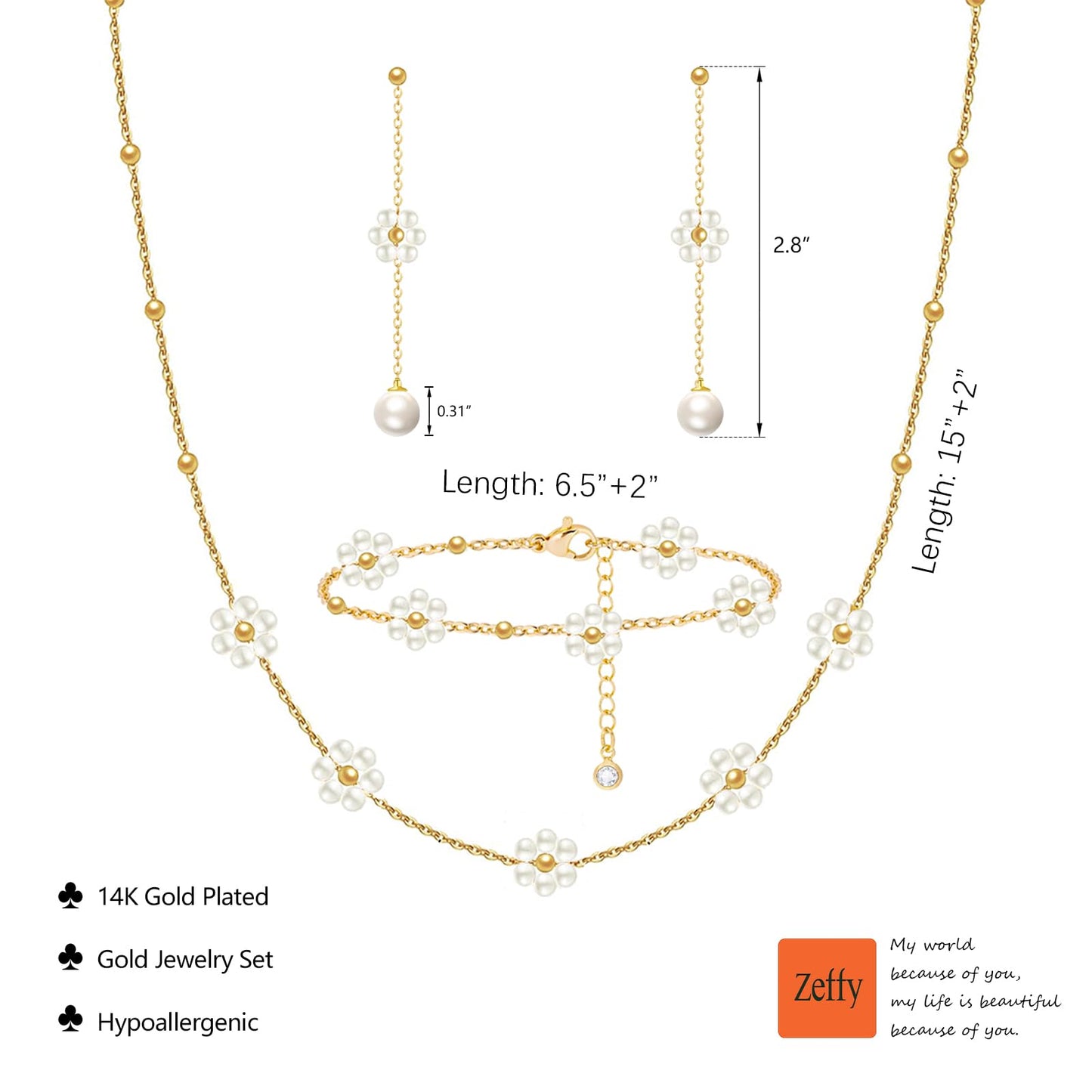 Zeffy Dainty Daisy Pearl Necklace and Earring Set with Drop Earrings Bracelets 14K Gold Plated Flower Choker Necklace Wedding Bride Jewelry Trendy Gift