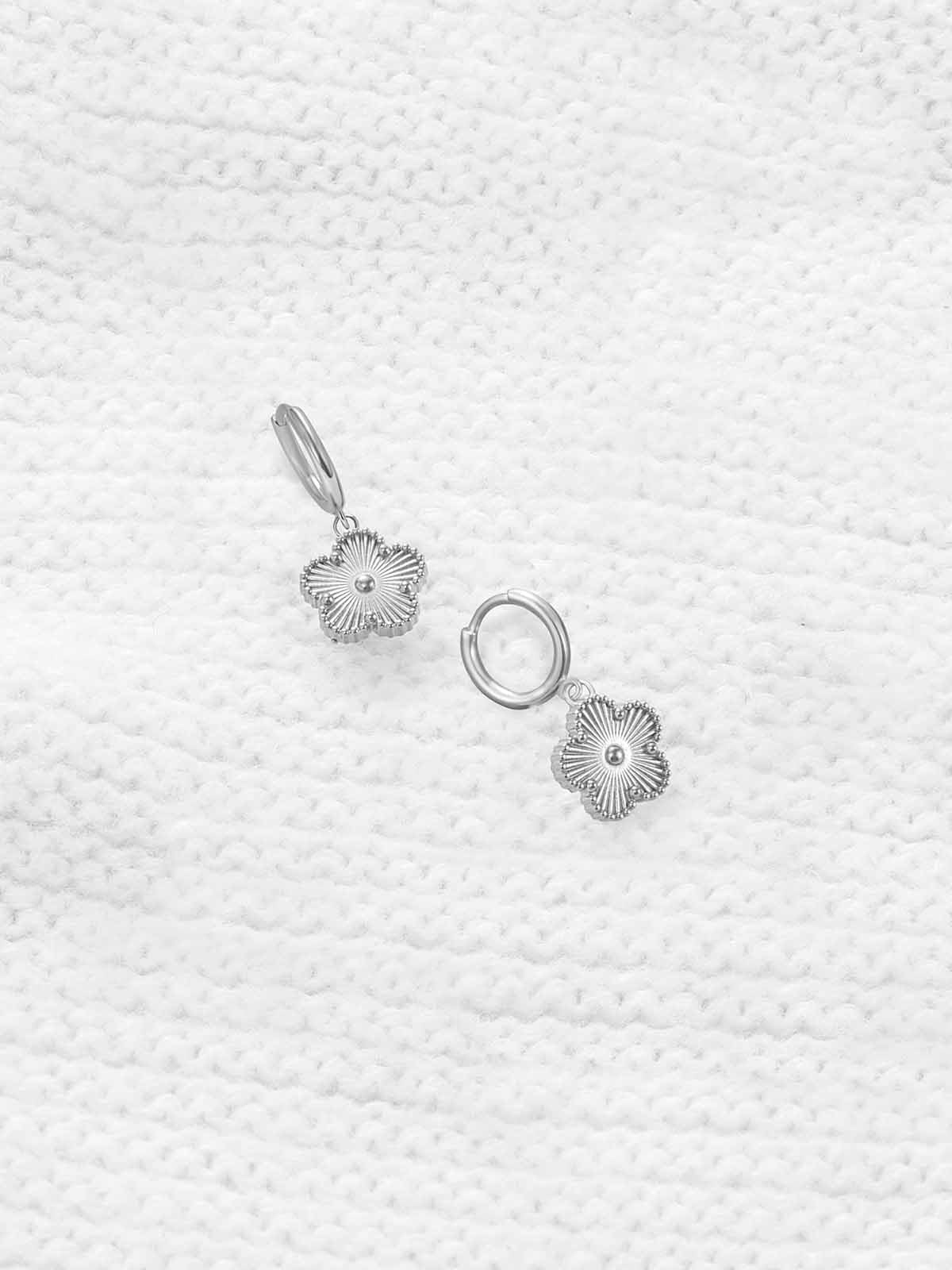 Gold Plated Five Leaf Clover Dangle Earrings for Women Lucky Flower Jewelry (Silver-White Gold Plated)