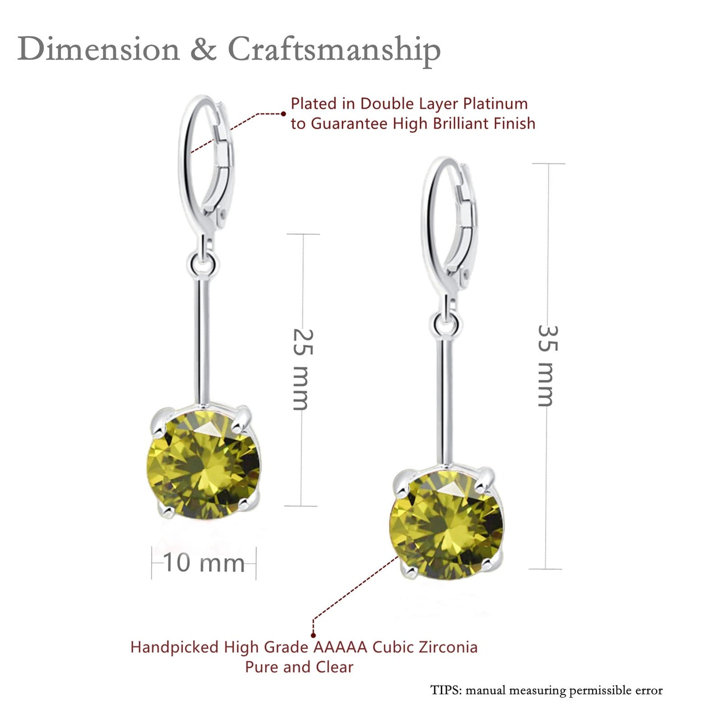 VONSSY Gemstone Drop Dangle Earrings | Platinum /Gold Plated Leverback Crystal Cubic Zirconia Hanging Red /Pink/Blue Earrings (Olive Green-Platinum)