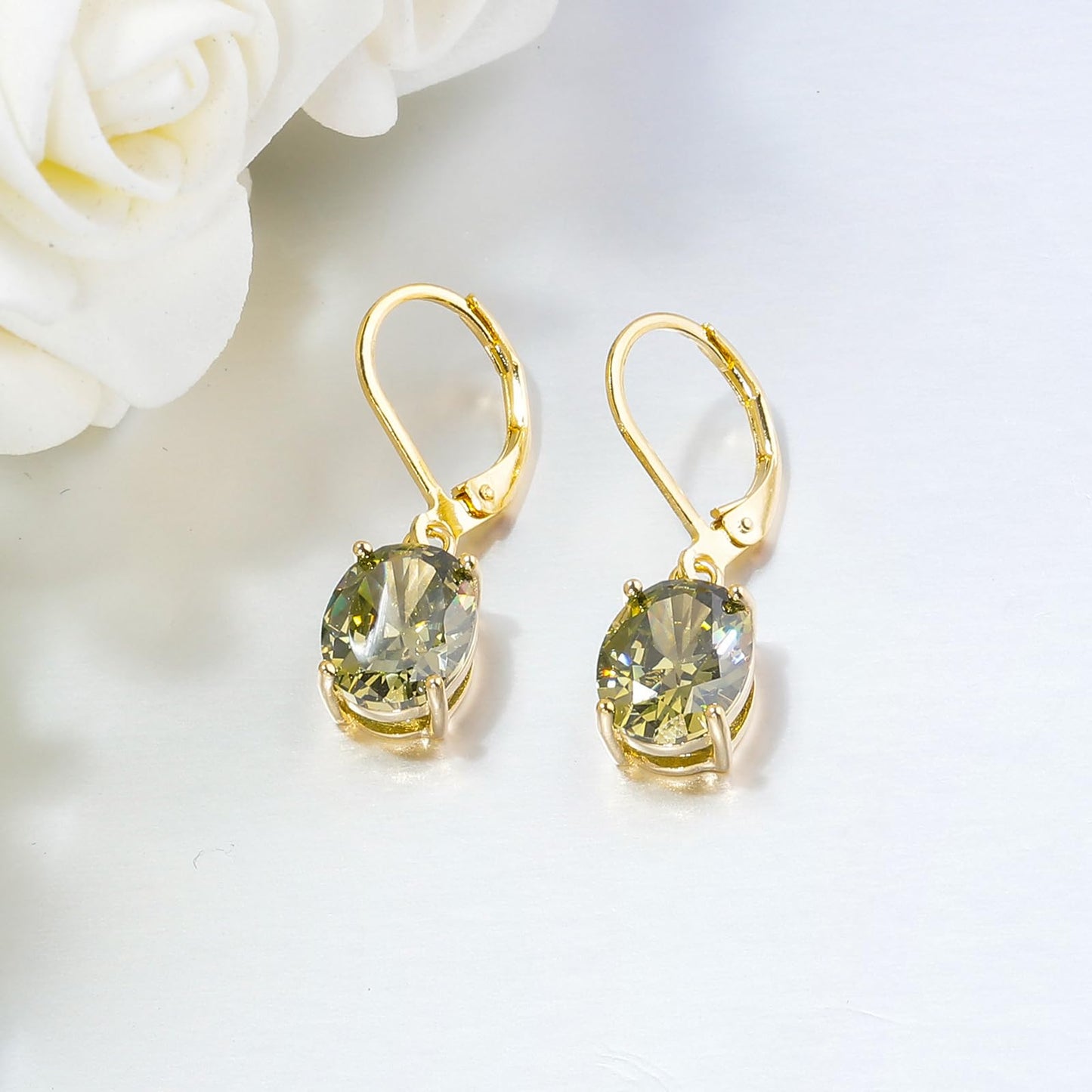 CiNily Cut-Oval Leverback Dangle Earrings for Women Peridot Cubic Zircon 14K Gold Plated Hypoallergenic Hanging Earrings Lightweight Summer Drop Earrings