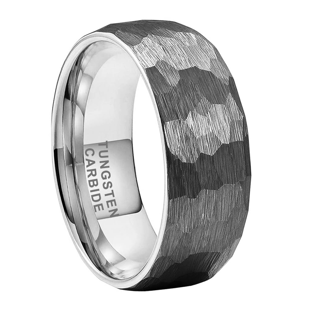 TUTISS 8mm Hammered Tungsten Rings for Men Women Fashion Engagement Wedding Bands Domed Matte Finish Comfort Fit Size 9