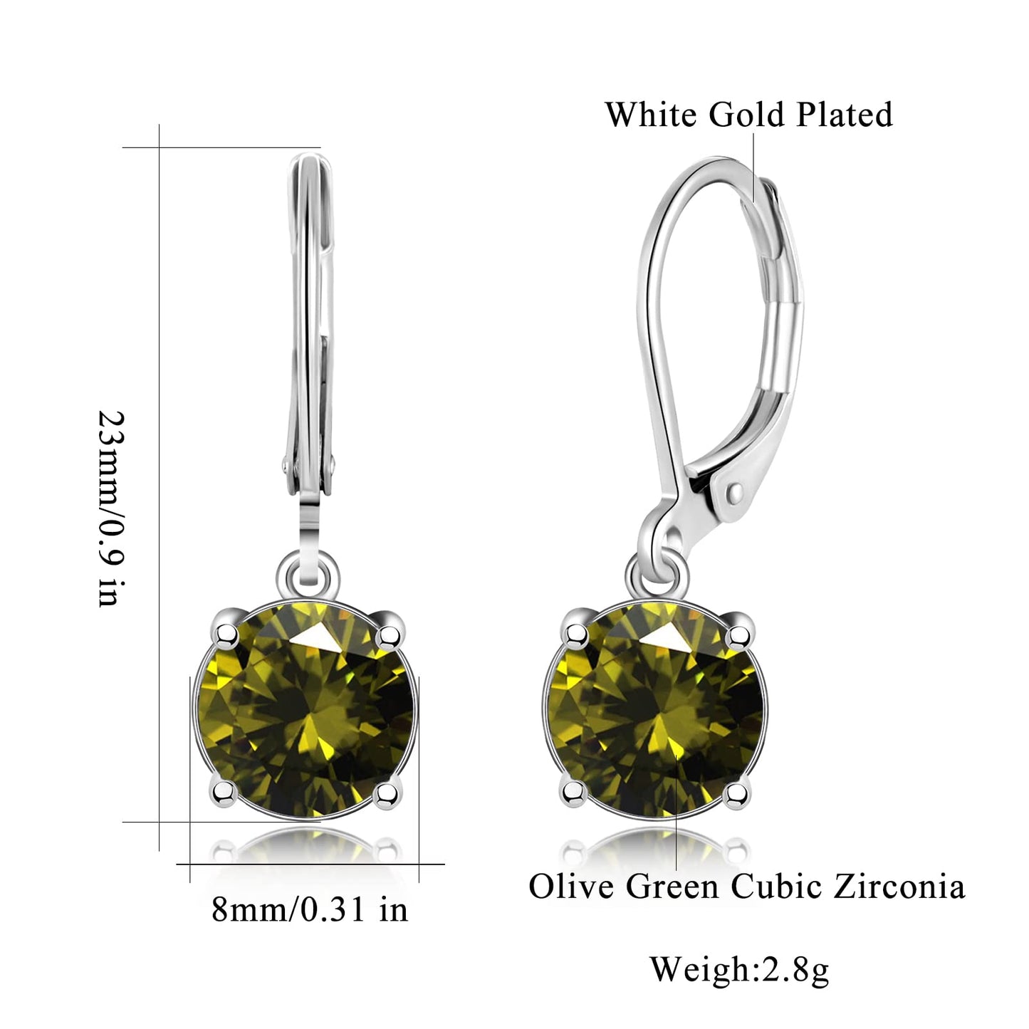 CiNily Leverback Dangle Earrings Created Olive Green Crystal Dangle Earrings 14K White Gold Plated Hypoallergenic Drop Earrings for Women Jewelry 8 mm