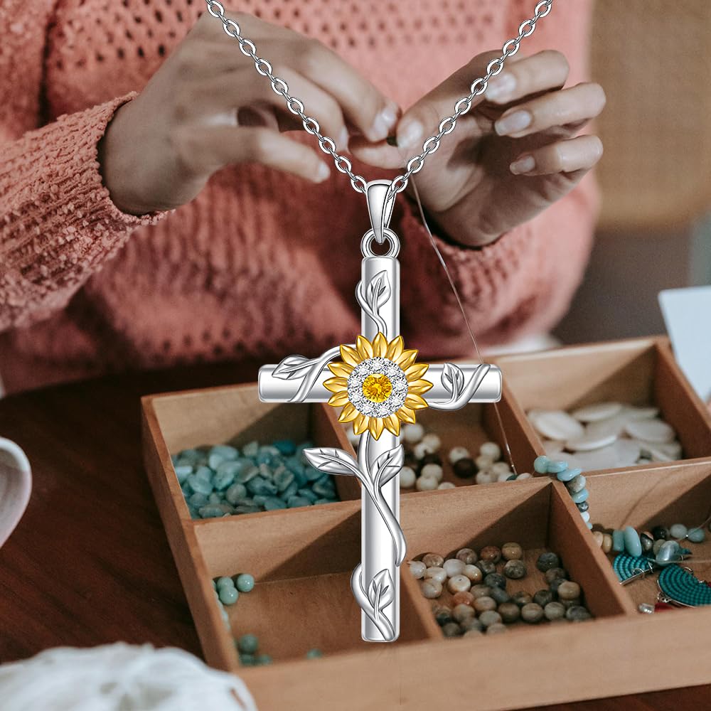 Fenthring 18k Gold Plated Sunflower Necklaces for Women, Sunflower Cross Necklace 925 Sterling Silver Sunshine Pendant Mom Jewelry Christmas Gifts for Women