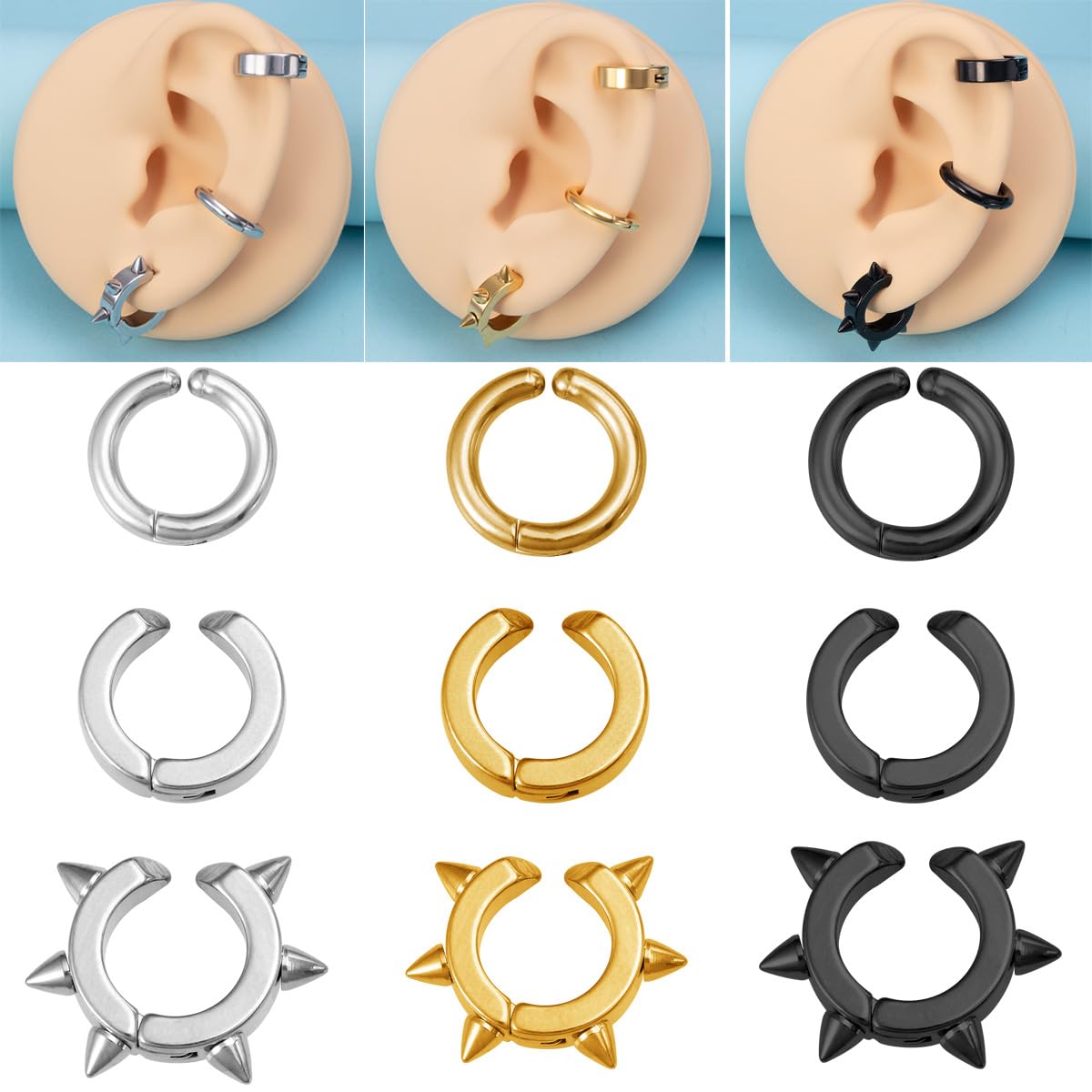 Niaspi 3Pcs Ear Cuff Earrings for Women Men Stainless Steel Non Piercing Clip On Cartilage Earrings Fake Huggie Hoops Earrings Gold/Silver/Black (Silver)