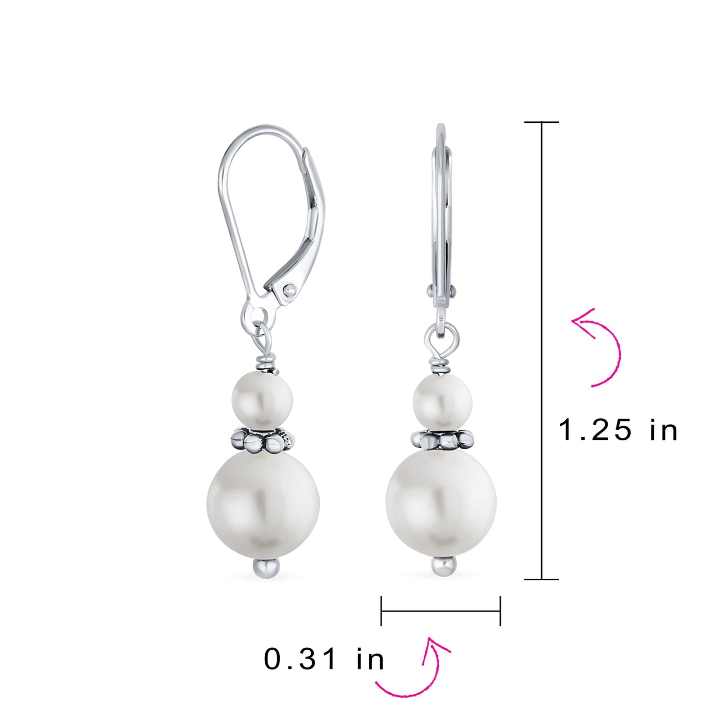 Bling Jewelry Timeless .925 Sterling Silver White Freshwater Cultured Pearl Bead 3MM & 8mm Balls Drop Earrings Milgrain Rondel Separator Lever Back Genuine Gemstone