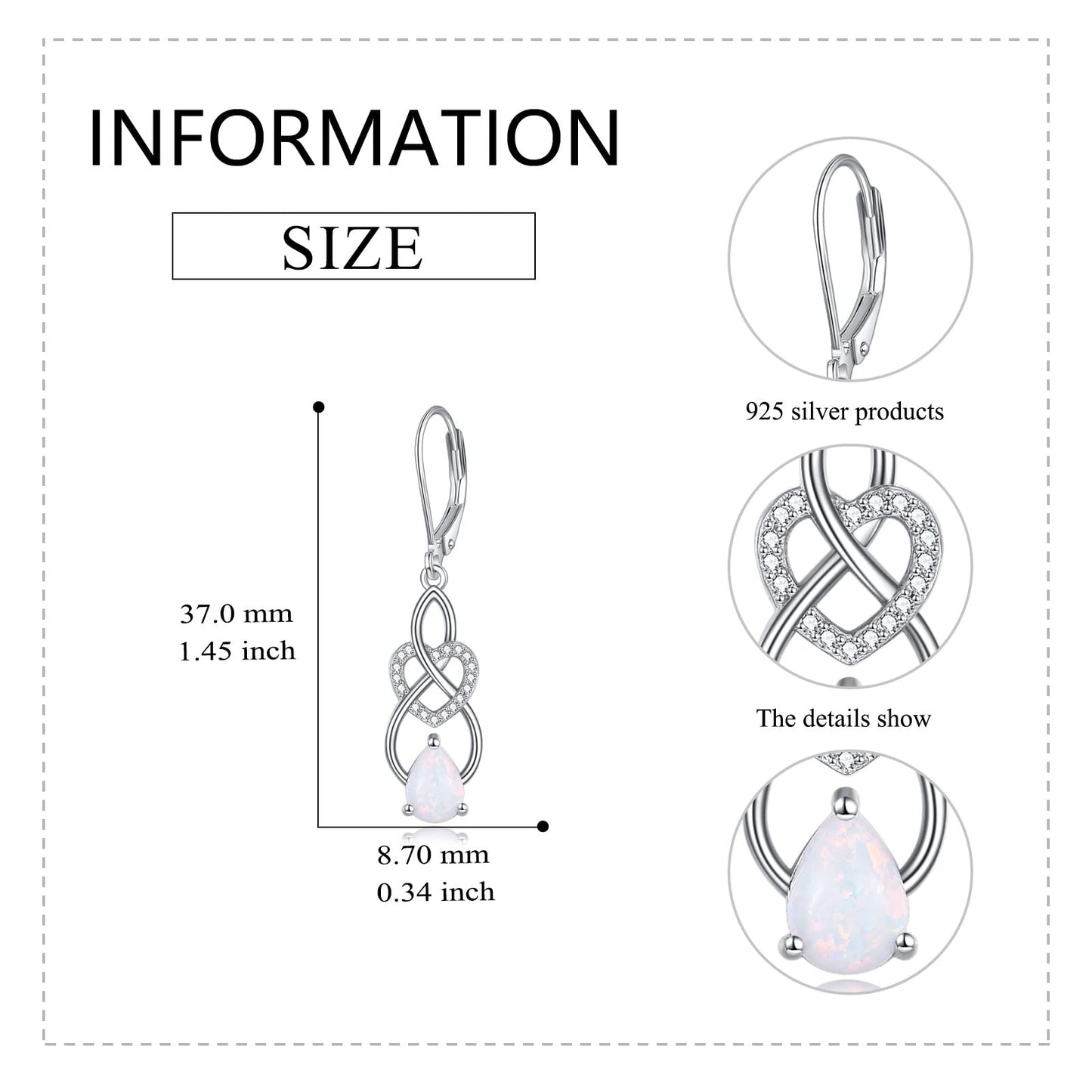 VONALA Opal Earrings 925 Sterling Silver Infinity Heart Dangle Drop Lervback Earrings Teardrop Dangling Twisted Earrings Jewelry Gift for Women