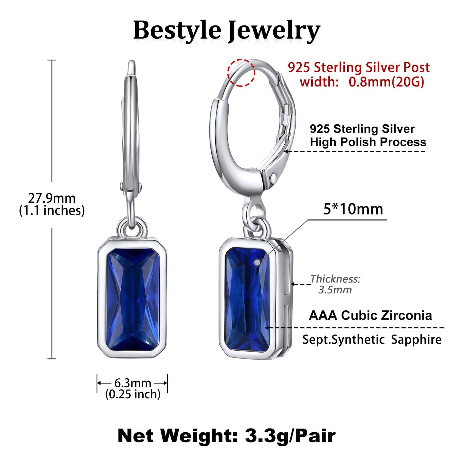 Bestyle 925 Sterling Silver September Birthstone Hoop Dangle Earrings - Clear Created Rectangle Sapphire Crystal Drop Blue Earrings - Trendy Cute Women's Small Hoop CZ Dangle Earrings