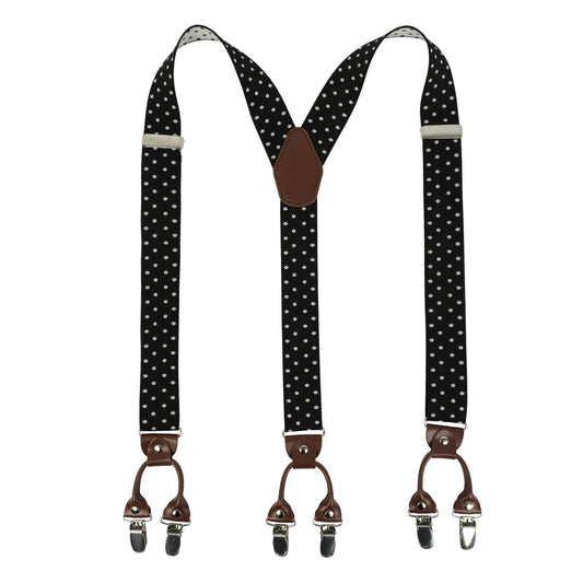 LEHOMU Suspenders for Men with leather 6 Heavy-Duty Clips, 1.4 Inches Wide Men's Suspenders Y-Back Adjustable Elastic Fit for Work or Casual Wear,Black and White Dots