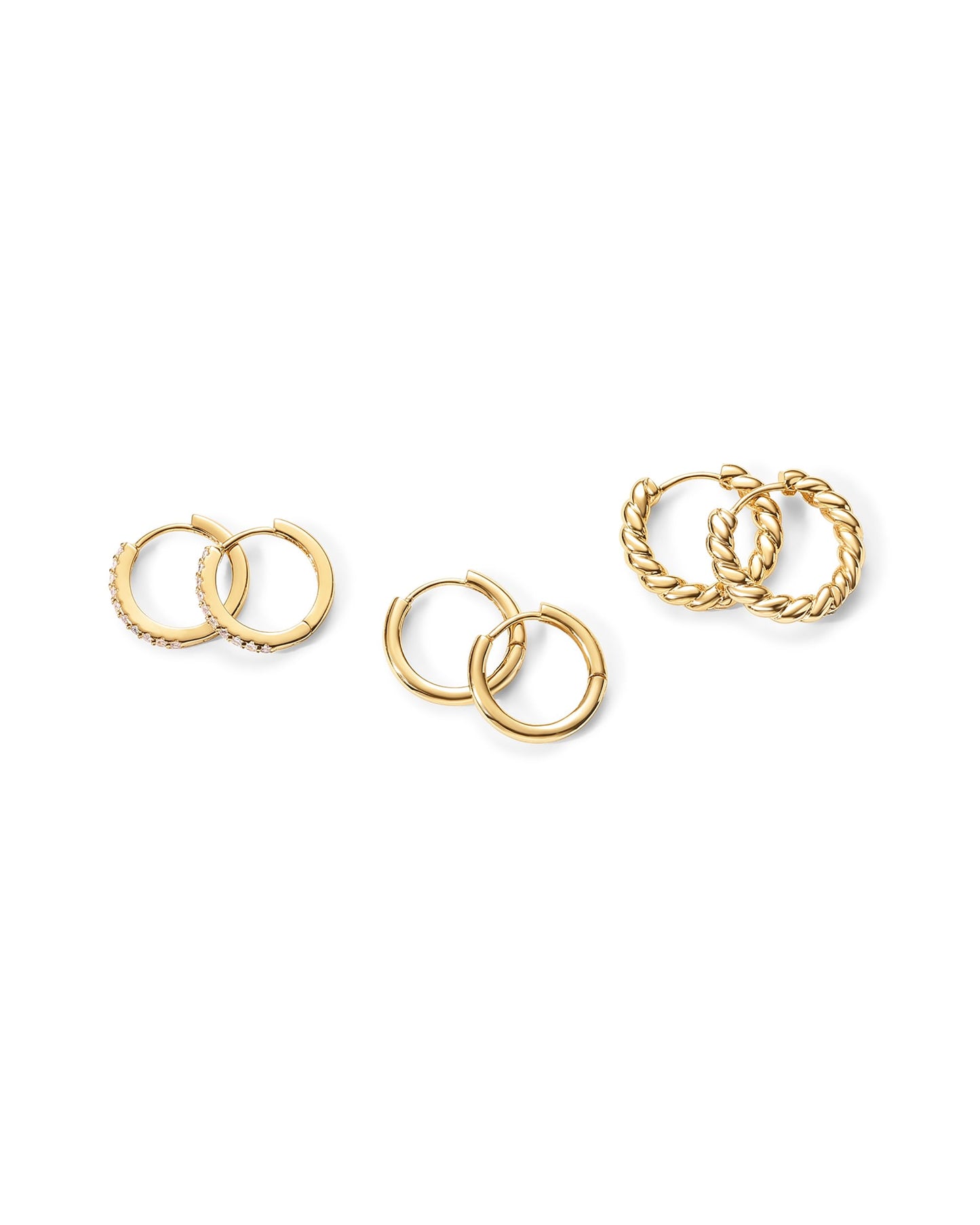 PAVOI 18K Yellow Gold Plated 925 Sterling Silver Posts 3 Pairs Small Hoop Earrings for Women - Cubic Zirconia Plain Rope Huggie Hoops Pack - Lightweight Earrings Set