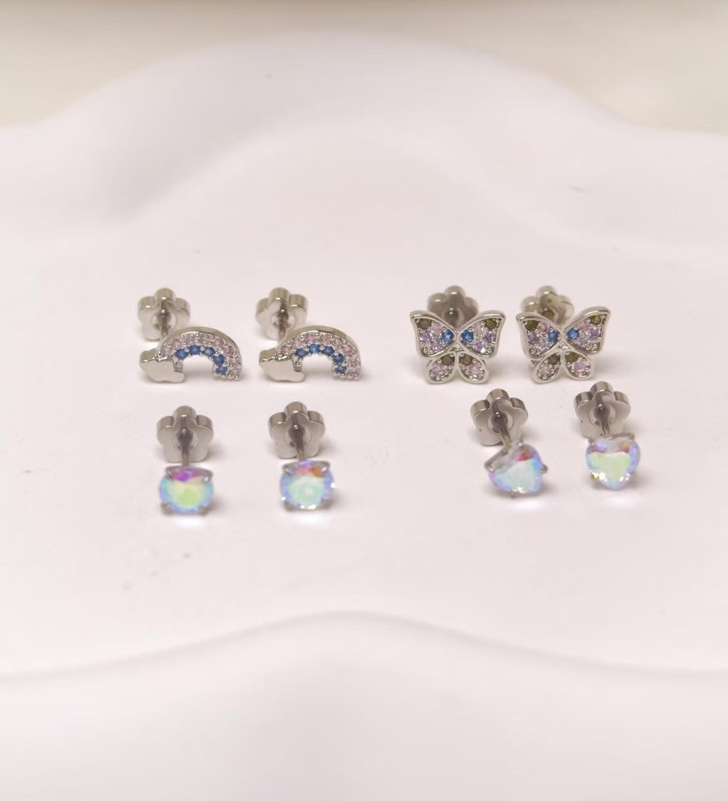 EQFE 4Pairs Hypoallergenic Earrings for Women 14K Gold Flat Back Earrings 20G Screw Back Cartilage Earring for Sensitive Skin CZ Heart Butterfly 316L Stainless Steel Stud Earrings